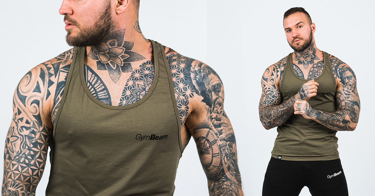 Majica bez rukava Stringer Tank Top Heather Olive Green - GymBeam